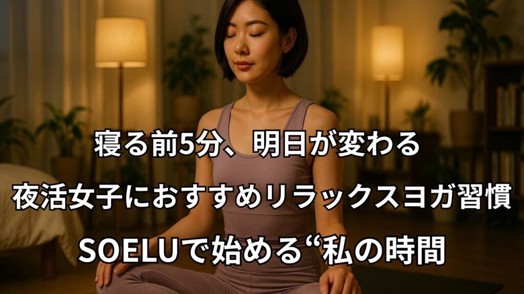 夜活女子が寝る前にリラックスヨガをしている様子（SOELU紹介記事のアイキャッチ）