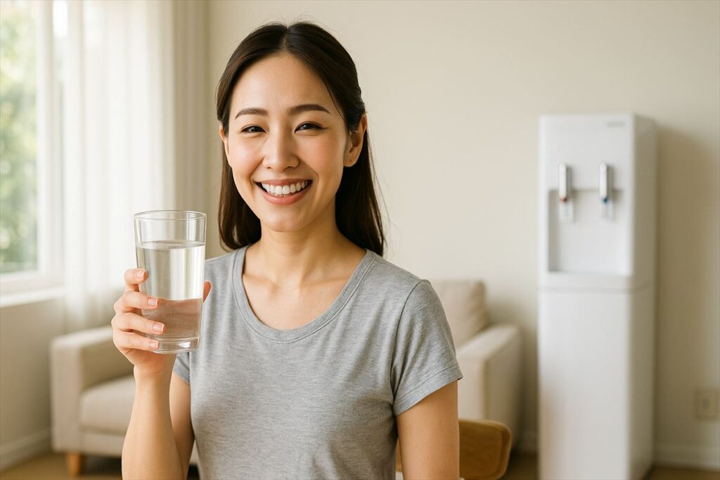 ウォーターサーバーの前で笑顔でコップの水を持つ女性