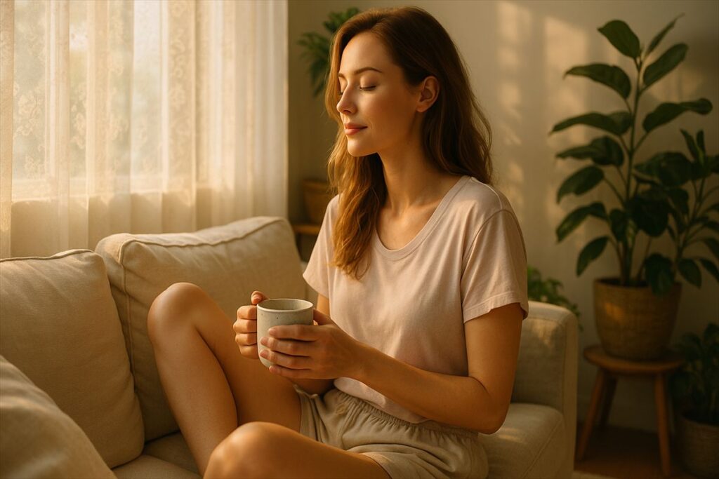 朝日を浴びながらカップを手に、静かな時間を楽しむ女性。SOELUの朝ヨガ後に心と体を整えるひととき。