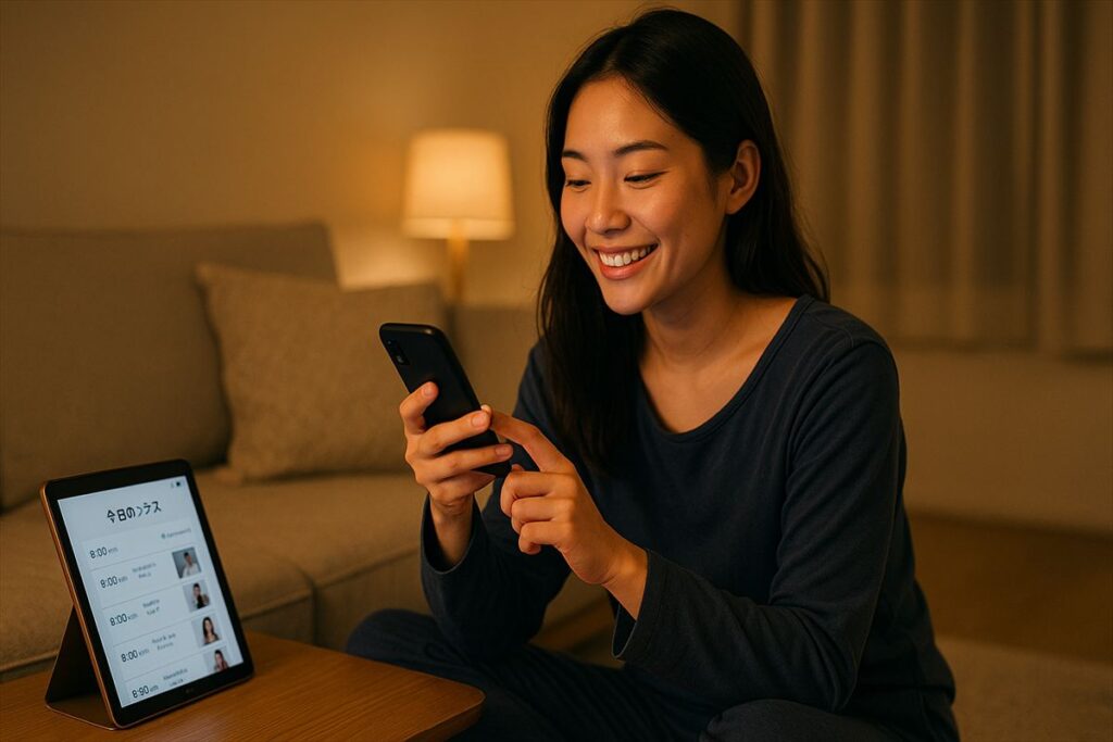 夜にSOELUのオンラインレッスンをスマホで予約している女性（自宅で夜活）