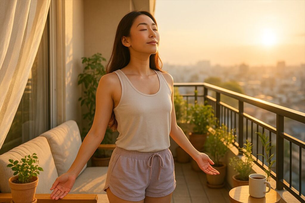 朝日を浴びながらベランダで深呼吸する女性。心を整える穏やかな朝時間。