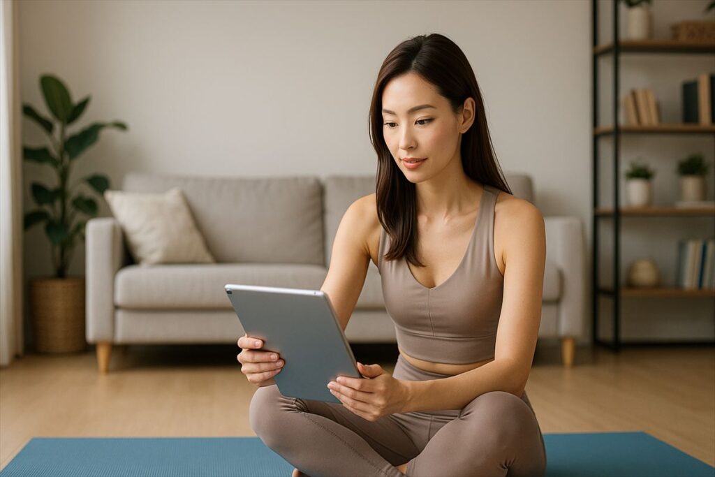 タブレットを見ながらオンラインフィットネスをチェックする女性