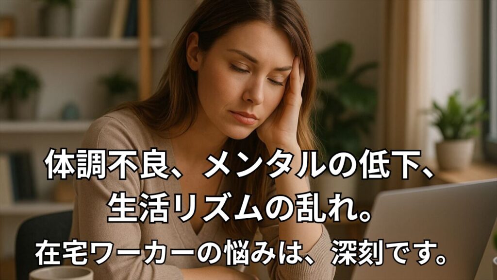 在宅ワーク中に疲れた表情を見せる女性。体調不良やメンタルの不調を抱えている様子