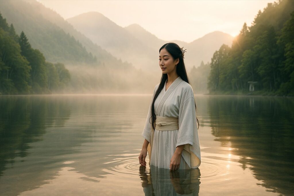 静かな湖に立ち、水の気配をまとう女神。朝靄に包まれた山々と湖面に神秘的な空気が漂う