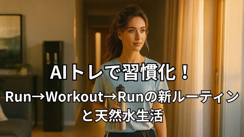 トレーニングウェア姿でサーモスを手にした女性が、日差しの差し込む室内で外トレに向かう準備をしている。背景にはウォーターサーバーが置かれ、健康的なAIトレ生活を感じさせる。