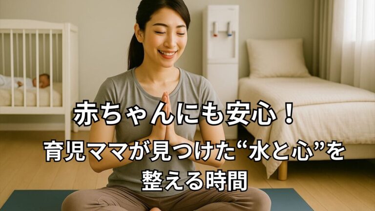 赤ちゃんが眠る横で、ヨガをしながら笑顔を見せる育児ママ。コスモウォーターで整った暮らしの中で、白湯とSOELUのヨガタイムを楽しむ姿。