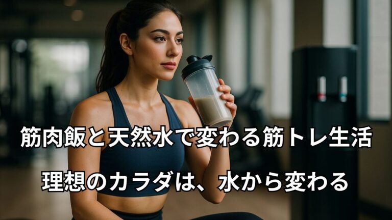 プロテインシェイカーを持つ女性トレーニー。ジムでの筋トレ後、ウォーターサーバーの天然水で水分補給しながら理想のカラダづくりを目指す様子