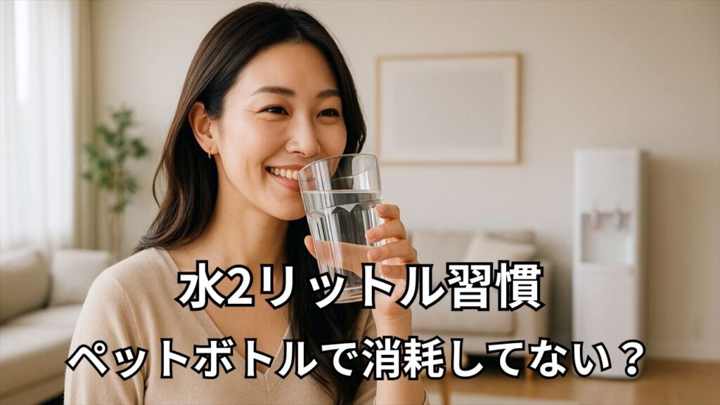 グラスで水を飲む笑顔の女性。背景にはウォーターサーバーがあり、リビングで健康的な水習慣を実践している様子。