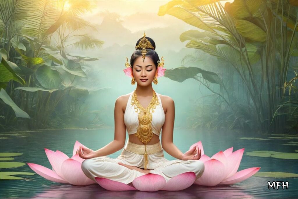 蓮の花の上で瞑想する神秘的な女性のアートイメージ