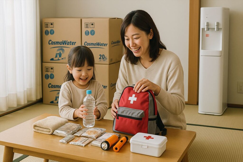 母娘がコスモウォーターと防災用品を準備する様子