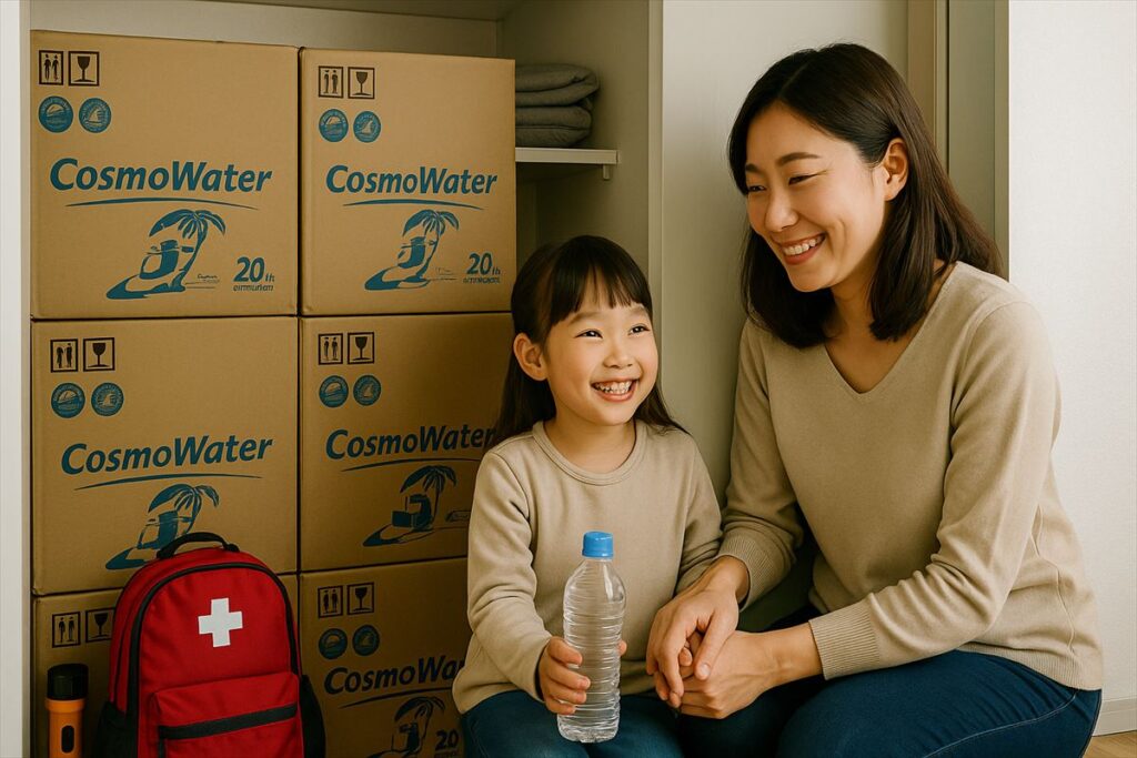 コスモウォーターの段ボールを背景に、安心した笑顔で過ごす母娘。防災用の水備蓄のイメージ。