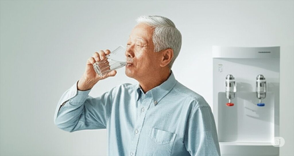 ウォーターサーバーの水を飲む高齢男性｜水分補給の重要性を示すイメージ