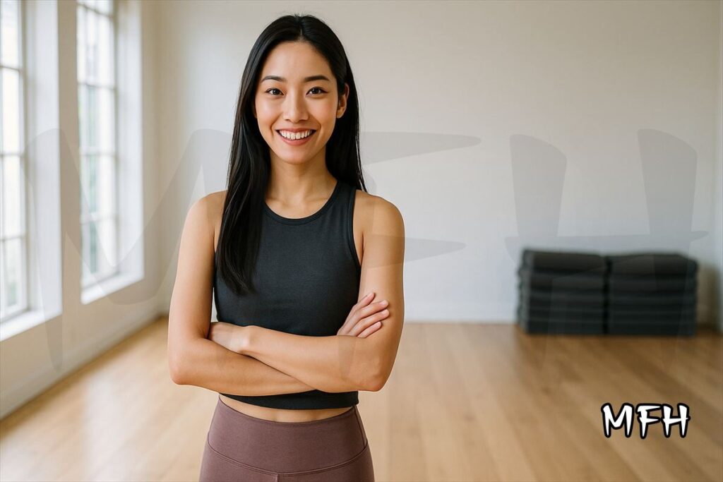 フィットネススタジオで腕を組み笑顔を見せる女性インストラクター