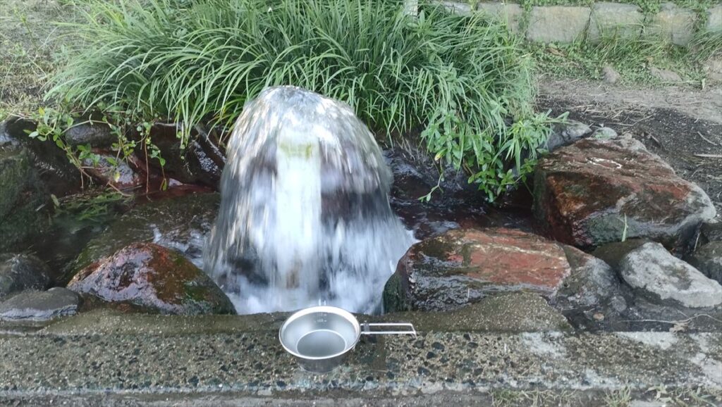 熊本・江津湖の湧水ポイント。岩の間から湧き出す清水と手前に置かれた金属カップが、自然の恵みを象徴している。