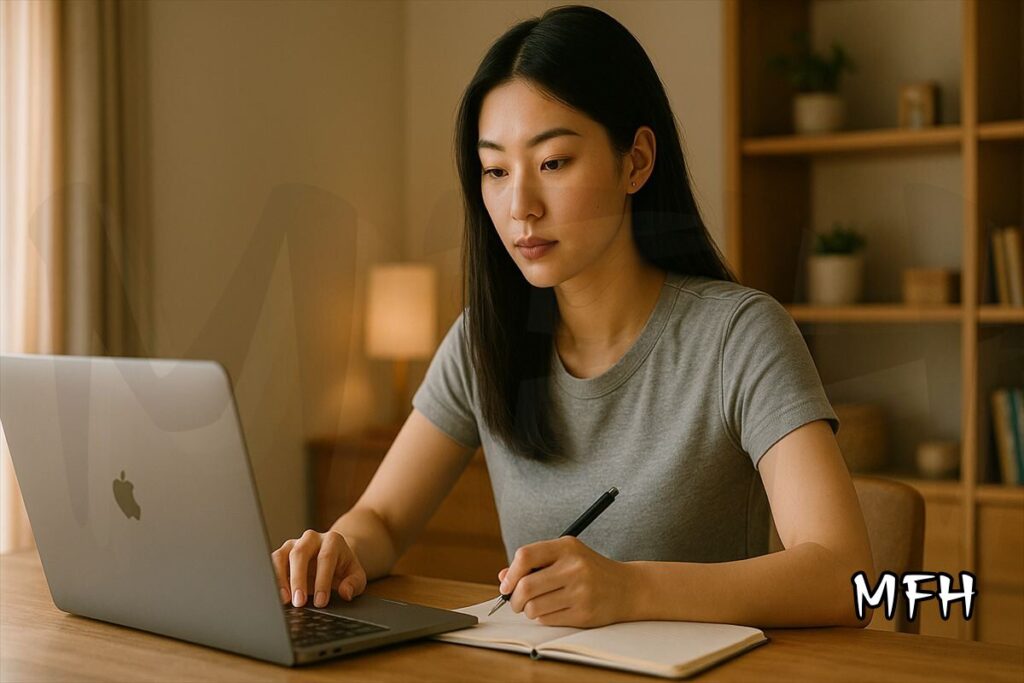 自宅でパソコンを使いオンライン講義を受けながらノートを取る女性