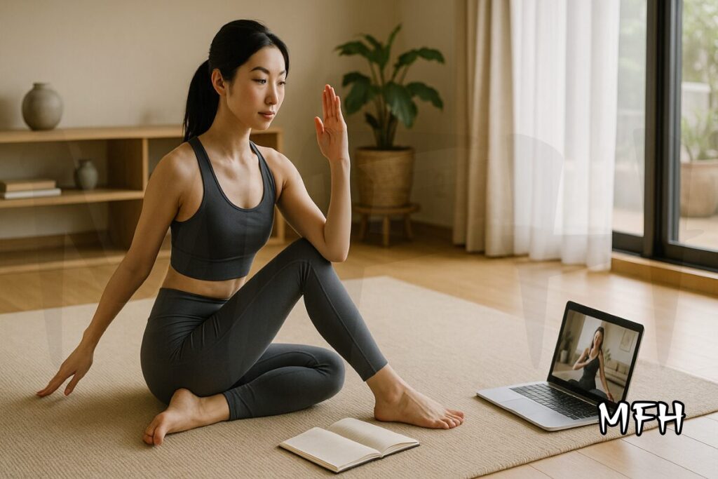 自宅でオンラインヨガ講義を受けながらポーズを取る女性