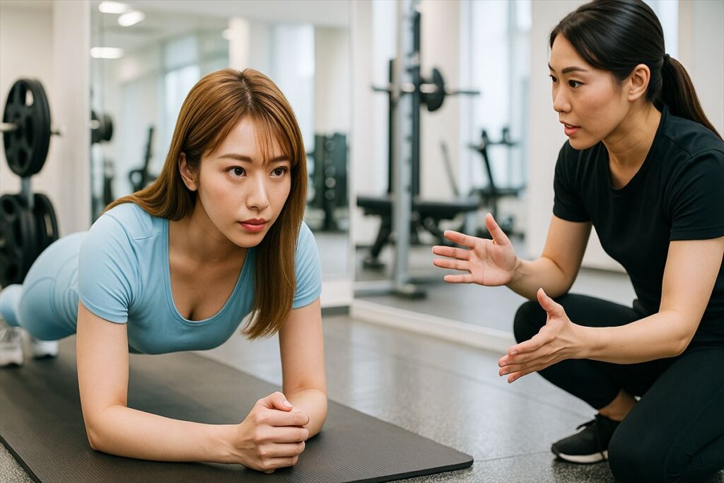 パーソナルトレーナーの指導で真剣にプランクに取り組む女性