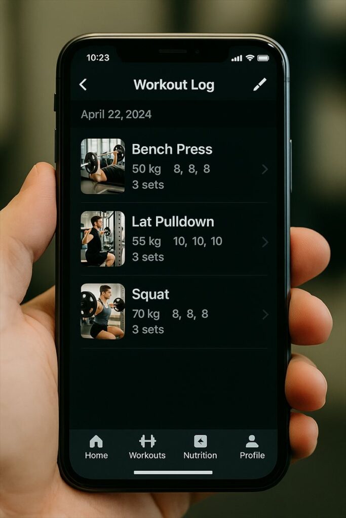 スマホ画面に表示された筋トレアプリのワークアウトログ｜ベンチプレス・ラットプルダウン・スクワットの記録
