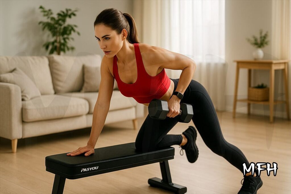 自宅でダンベルワンハンドローを行う女性｜背中と腕を効果的に鍛えるトレーニング