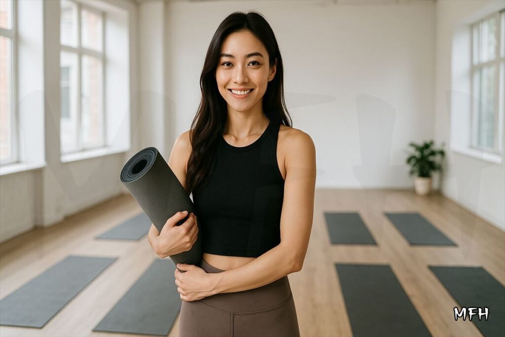 ヨガマットを持ち笑顔で立つ女性インストラクター