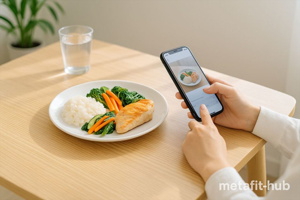 LINEで食事報告をする女性とバランスの取れた3食プレート