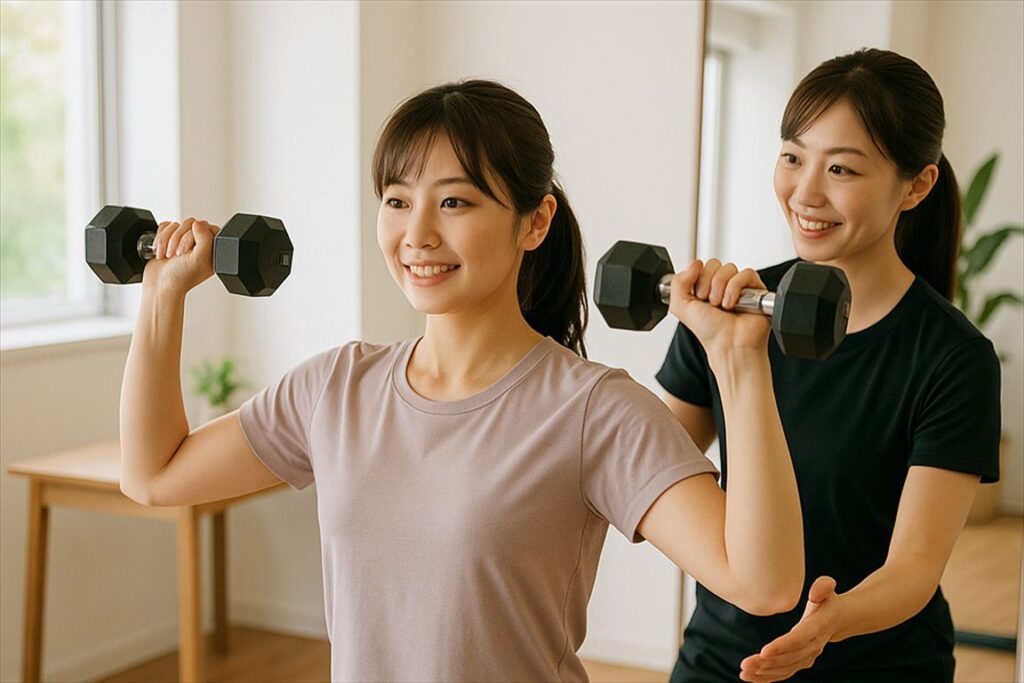 トレーナーがフォームをサポートしながら笑顔でトレーニングする女性