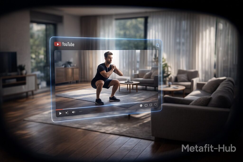 ARグラス越しに自宅でスクワット動画を見ながらトレーニングする男性の視界