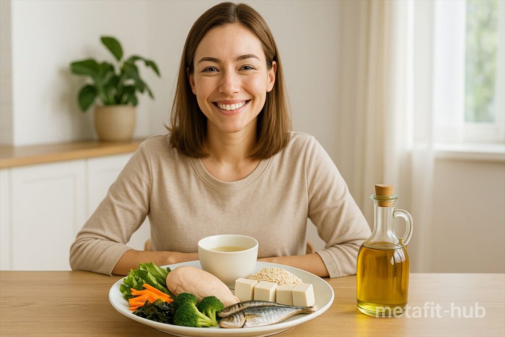 ダイエットに向いている食材を並べたプレートを前に笑顔で座る女性。鶏むね肉、魚、豆腐、野菜、オリーブオイルなどのヘルシー食材が揃ったシーン