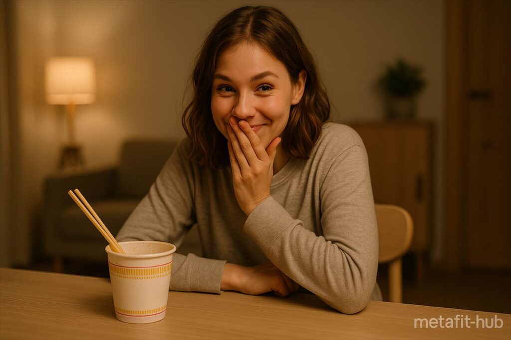 夜にカップ麺を食べてしまい少し照れた表情の女性。食べすぎた日のリカバリーをイメージした写真。