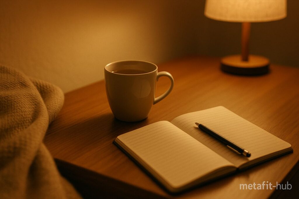 夜のリラックスタイムに温かい飲み物とノートを用意しているシーン。落ち着いた光の中でダイエット習慣を整える雰囲気の画像