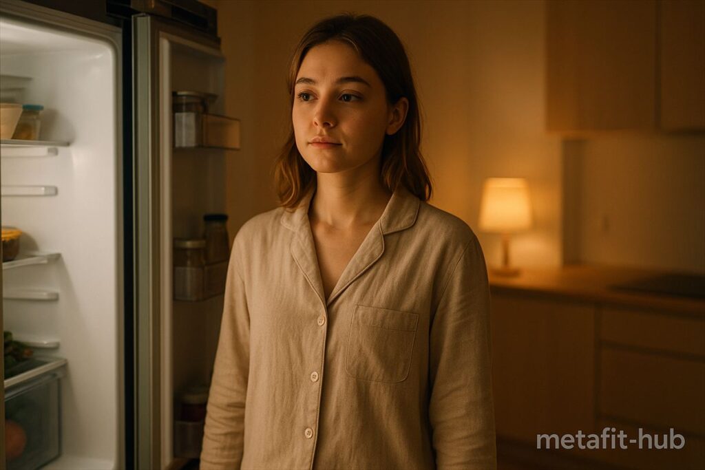 夜の冷蔵庫の前で夜食を迷う女性。ダイエット中にどうしても食べたくなる瞬間を表現したイメージ。