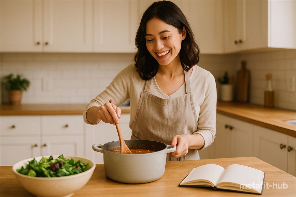 ダイエット向きの料理を鍋で作る女性。キッチンで笑顔で調理している様子と、横にはサラダとレシピノートが置かれたシーン