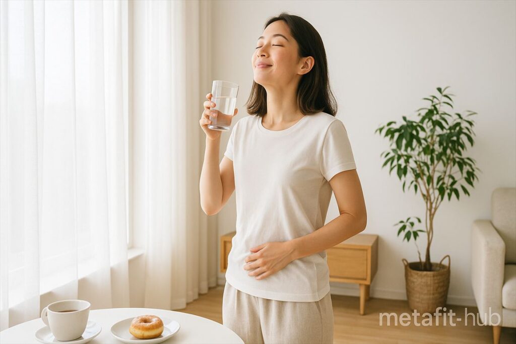 朝の光を浴びながら空腹で目覚めた女性の爽快感