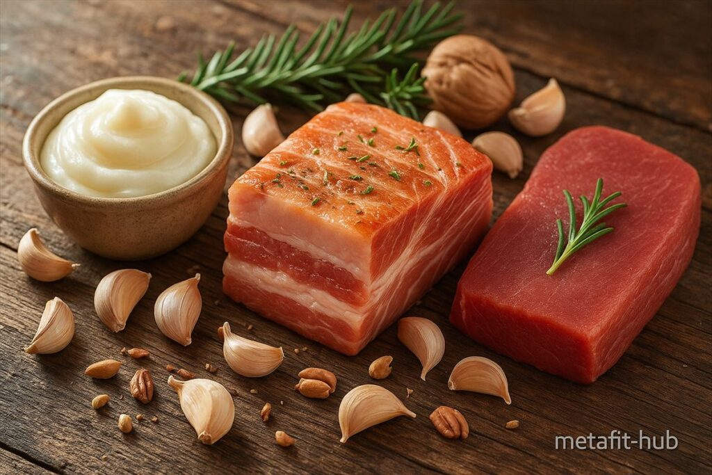 ラードと赤身肉、にんにく、ローズマリーを並べた構図。 　動物性脂質がテストステロンや筋肉ホルモンを支える栄養源であることを表すイメージ。