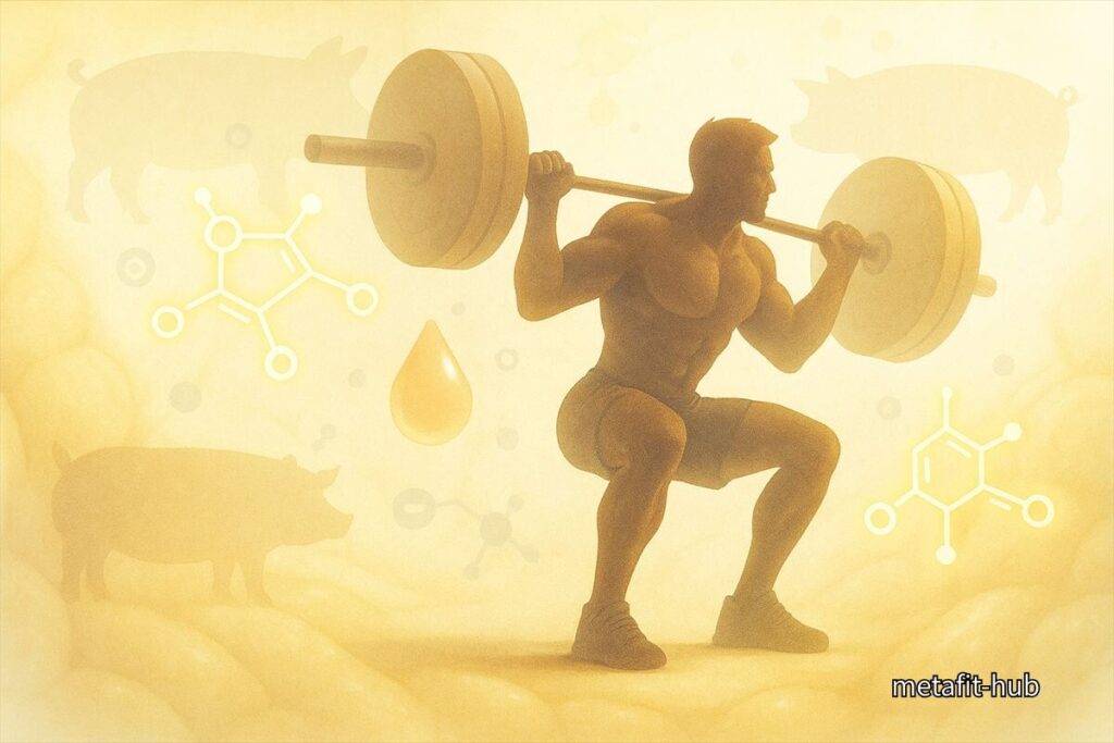 ラードを象徴する黄金の背景の中でスクワットするトレーニー。 　動物性脂質とホルモン合成の関係をイメージした構造的トレーニングシーン。