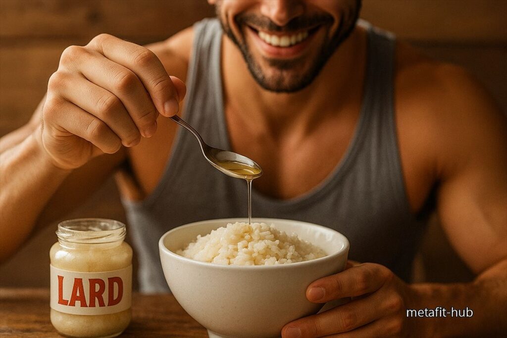 笑顔の男性トレーニーが炊きたてご飯にラードを垂らしているシーン。 　脂質がホルモンバランスと筋トレ後の回復を支える“構造飯”を表現したイメージ。