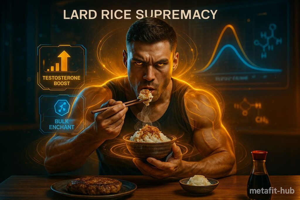 筋肉を鍛える男性トレーニーが、ラードご飯を勢いよく食べているシーン。 　脂質とテストステロンが筋肉増強をサポートする“構造飯”の象徴ビジュアル。