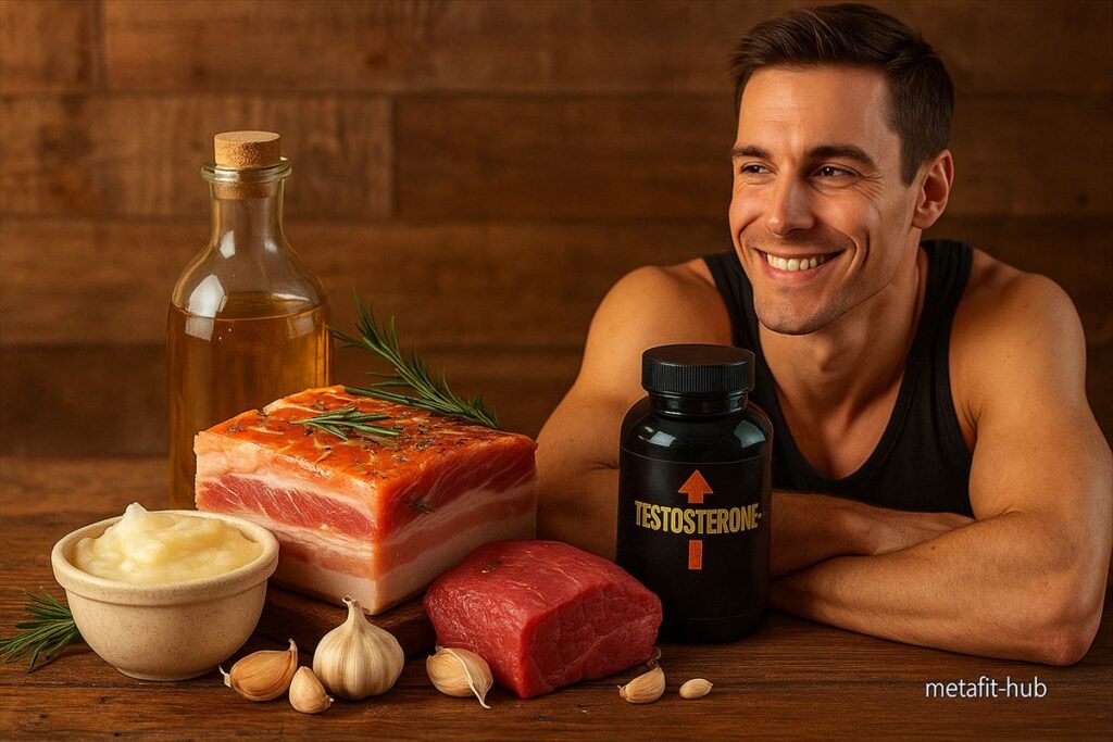 笑顔の男性トレーニーと、ラード・赤身肉・オイル・にんにくが並ぶ構図。 　テストステロンを高める脂質と食材の関係を象徴するビジュアル。