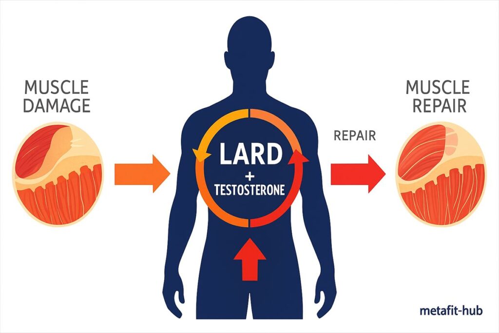 ラードとテストステロンが筋肉修復を促す仕組みを示す図解。 　筋トレによる筋肉ダメージから回復までの流れを、脂質とホルモンの関係として表現。