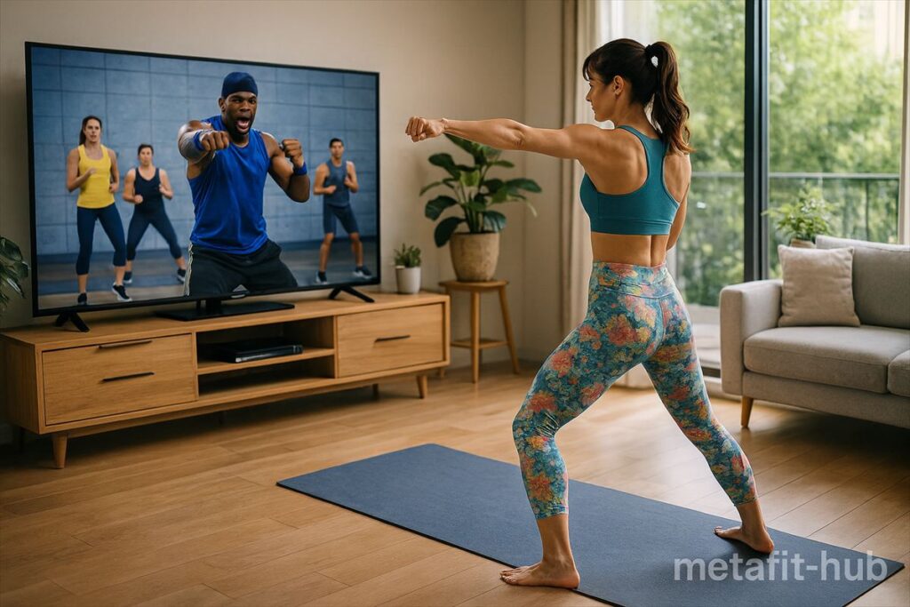 自宅でLEAN BODYの動画レッスンをテレビに映しながらエクササイズする女性の様子