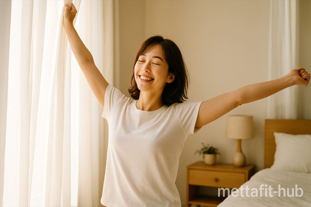 朝日を浴びて軽やかに目覚める女性のダイエット成功イメージ