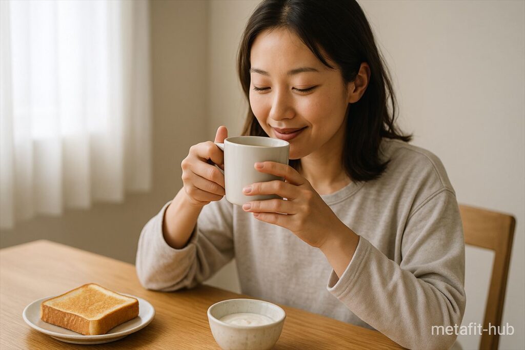 朝の食卓で温かいスープを飲む女性。パンとヨーグルトを添えた軽めの朝食で、前日のシチューをリメイクした朝カップスープ。