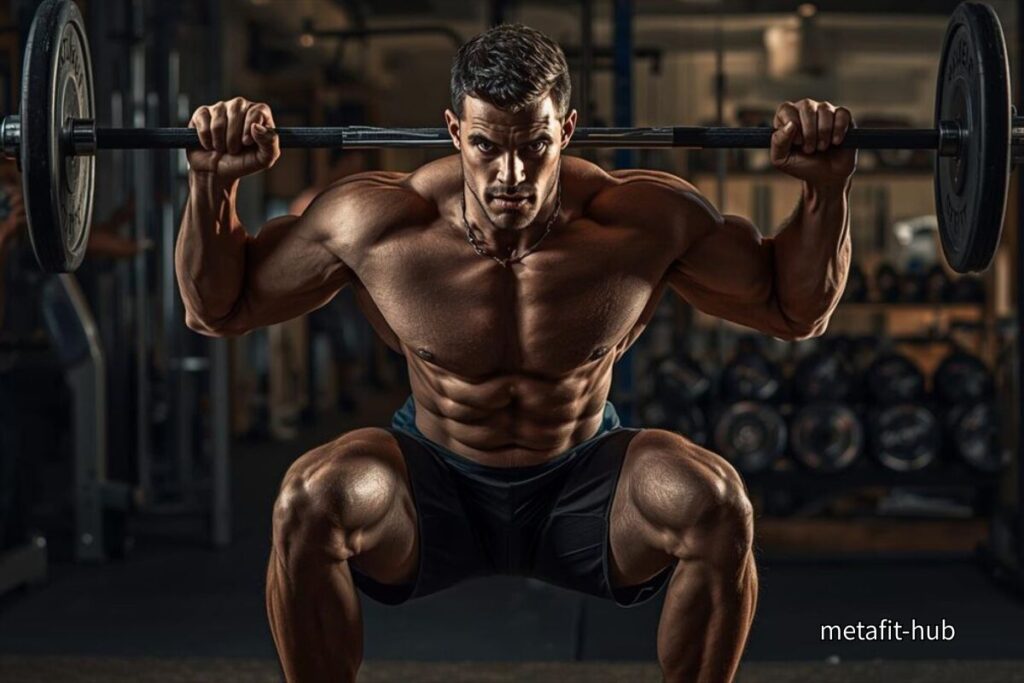 ジムでバーベルスクワットを行う男性トレーニー。 　筋肉の破壊と再生を象徴し、脂質とホルモンによる回復の重要性を表した構図。