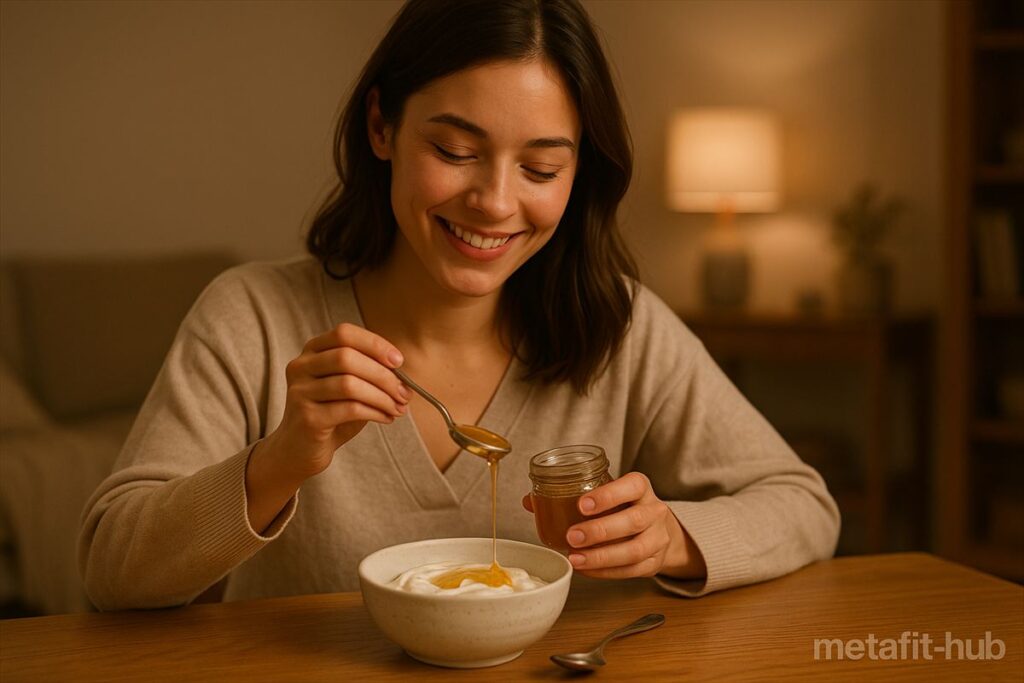 ギリシャヨーグルトにハチミツをかけて軽い夜食を楽しむ女性