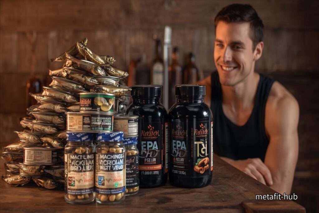 魚とサプリを前に笑顔を見せるトレーニー。日常に溶け込むオメガ3習慣の象徴イメージ。