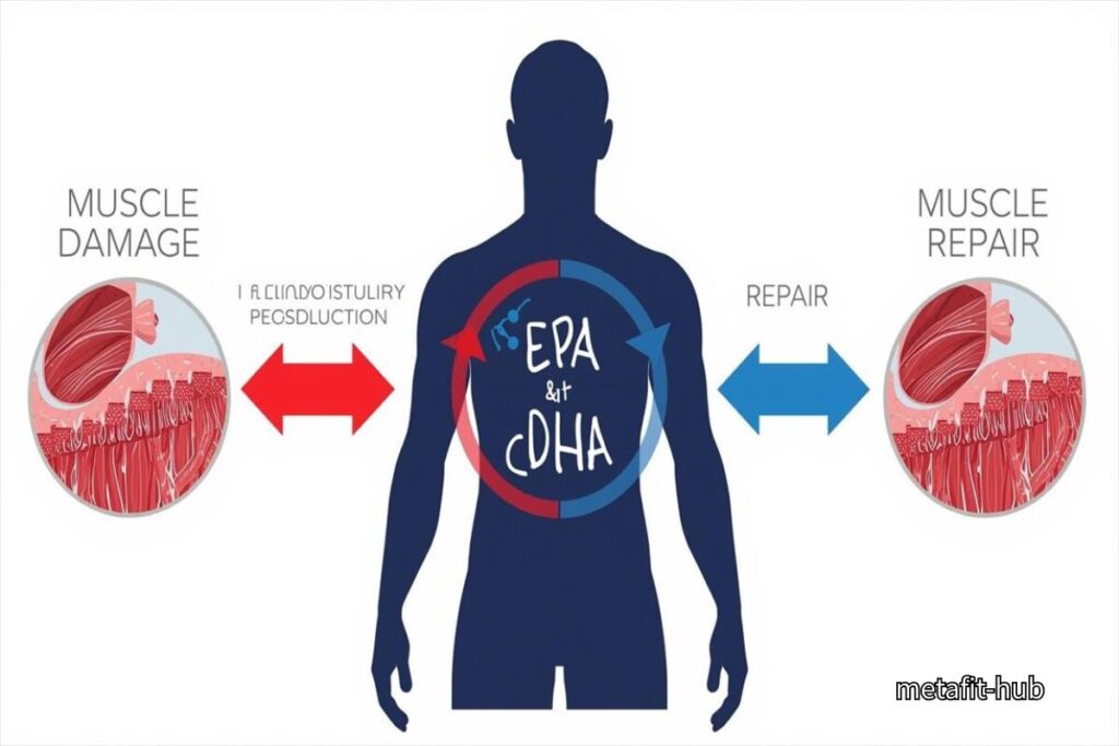 筋トレ後の炎症から修復までの過程をEPA・DHAが調整する様子を示した構造図