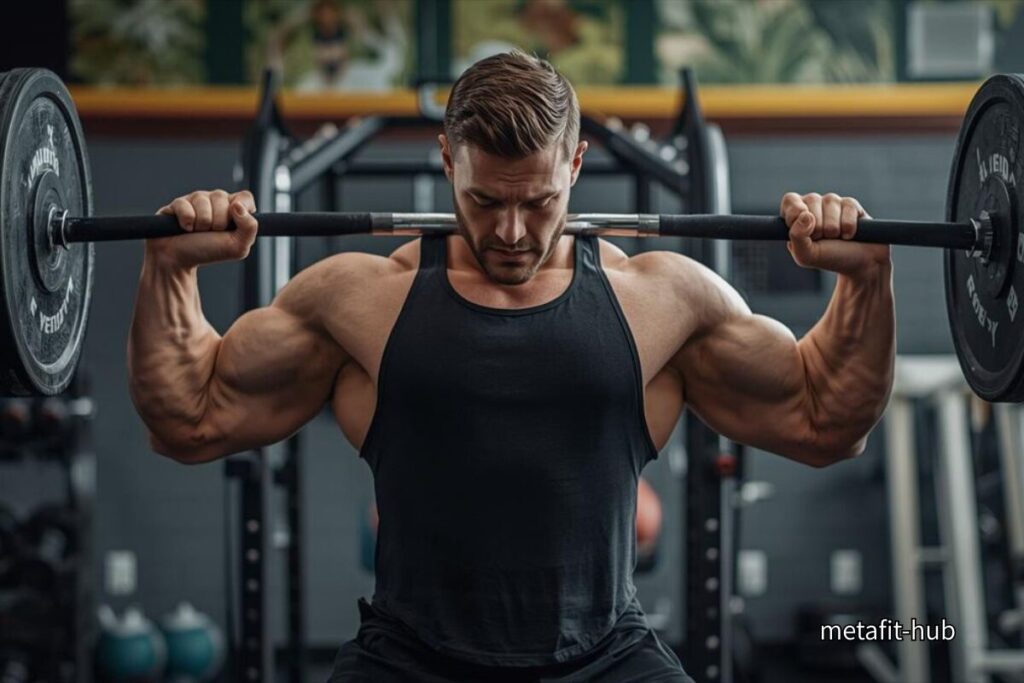 ジムでトレーニングに集中するトレーニー。オメガ3で炎症を抑え、筋肉回復を意識する象徴的シーン