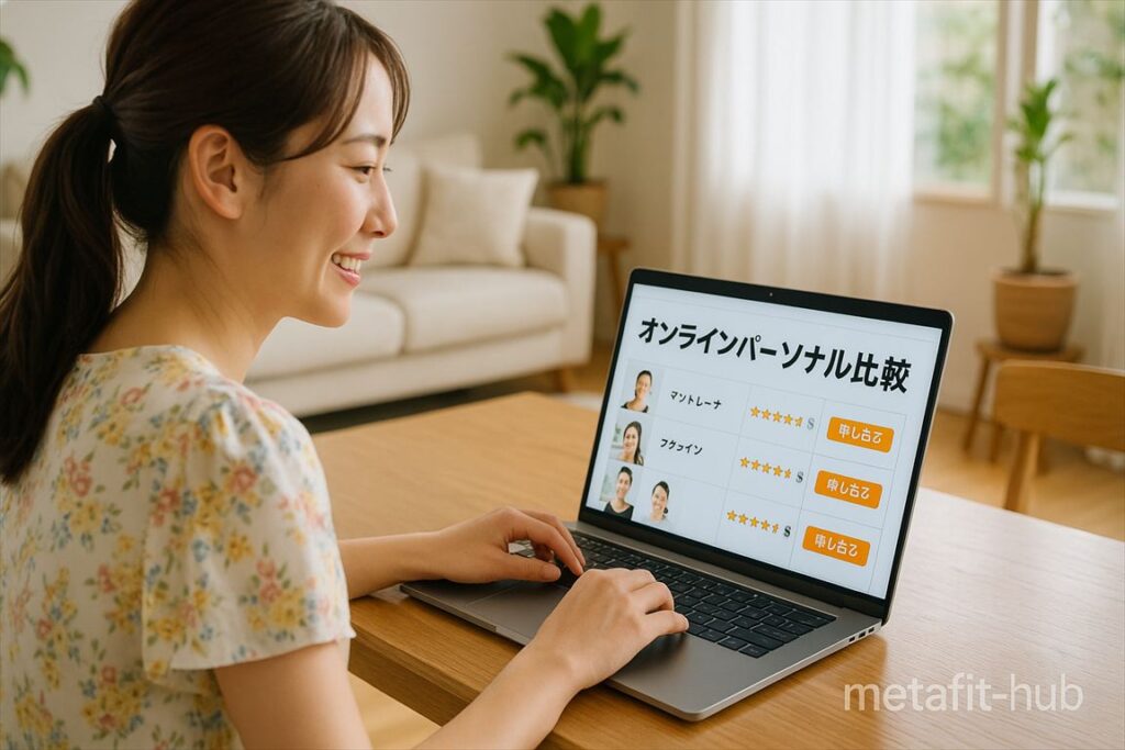 プレズ（Plez）と他のオンラインパーソナルジムを比較検討する女性のイメージ