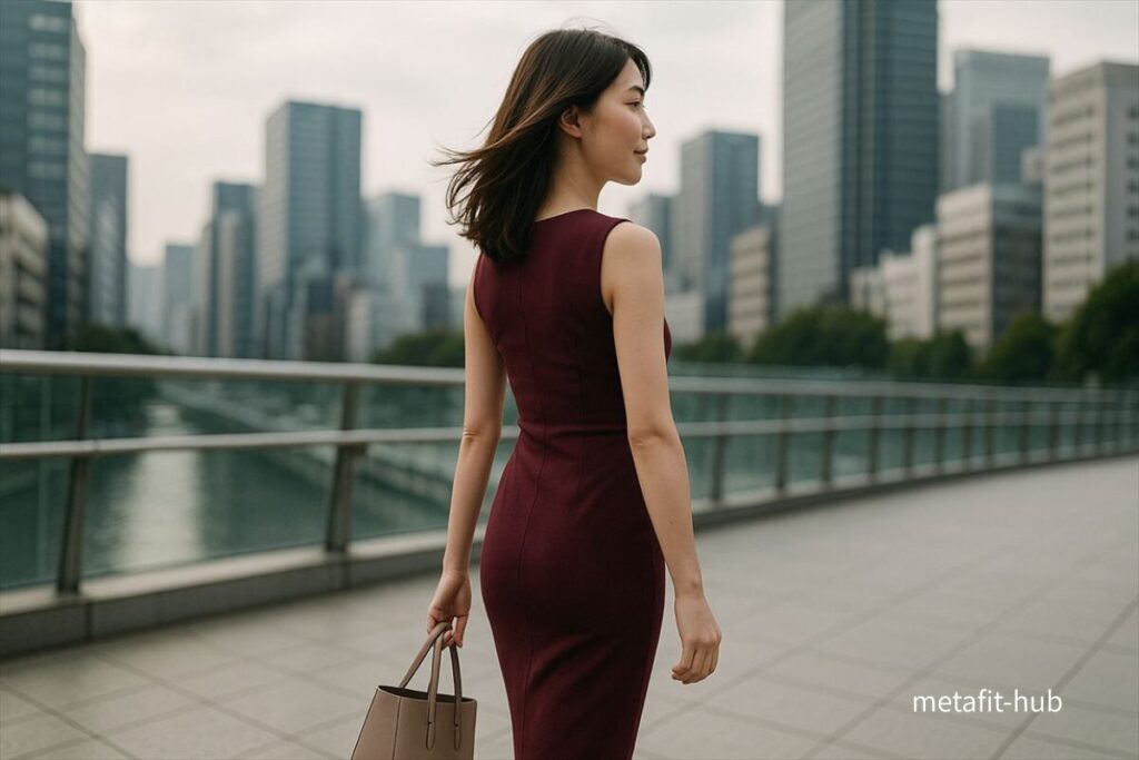 ダイエットに成功して自信を取り戻した女性が、都会の街を笑顔で歩くイメージ。プレズ（Plez）のトレーニングを通じて前向きな日常を楽しむ姿。