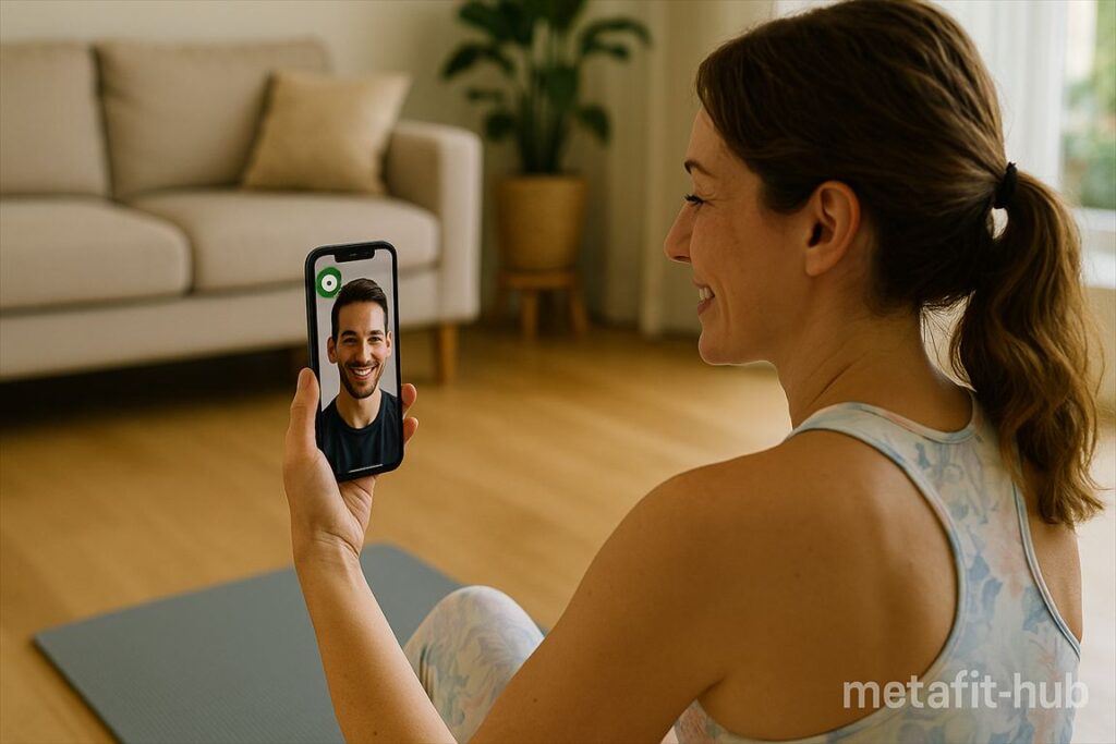 プレズ（Plez）のオンライン完結サポートでトレーナーと笑顔で会話する女性